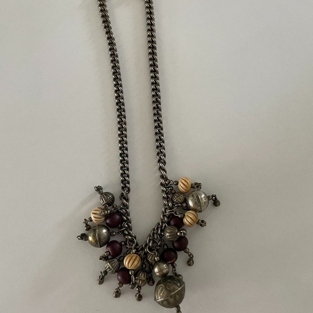 Boho Necklace 10" long mixed silver, cream and brown beads